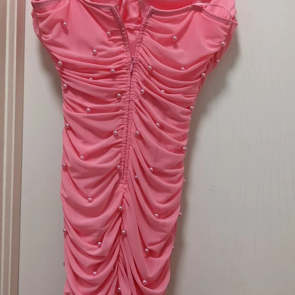 Noel Pearl Mesh Ruched Mini Dress - Pink - Picture 5 of 6